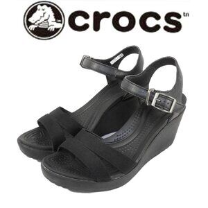 CROCS LEIGH II Black Cross Strap Ankle Wedge Sandals Women's Size 7